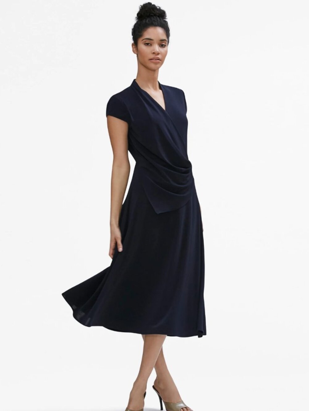 MM.LaFleur Zulma Navy Faux Wrap Midi Dress Sz L